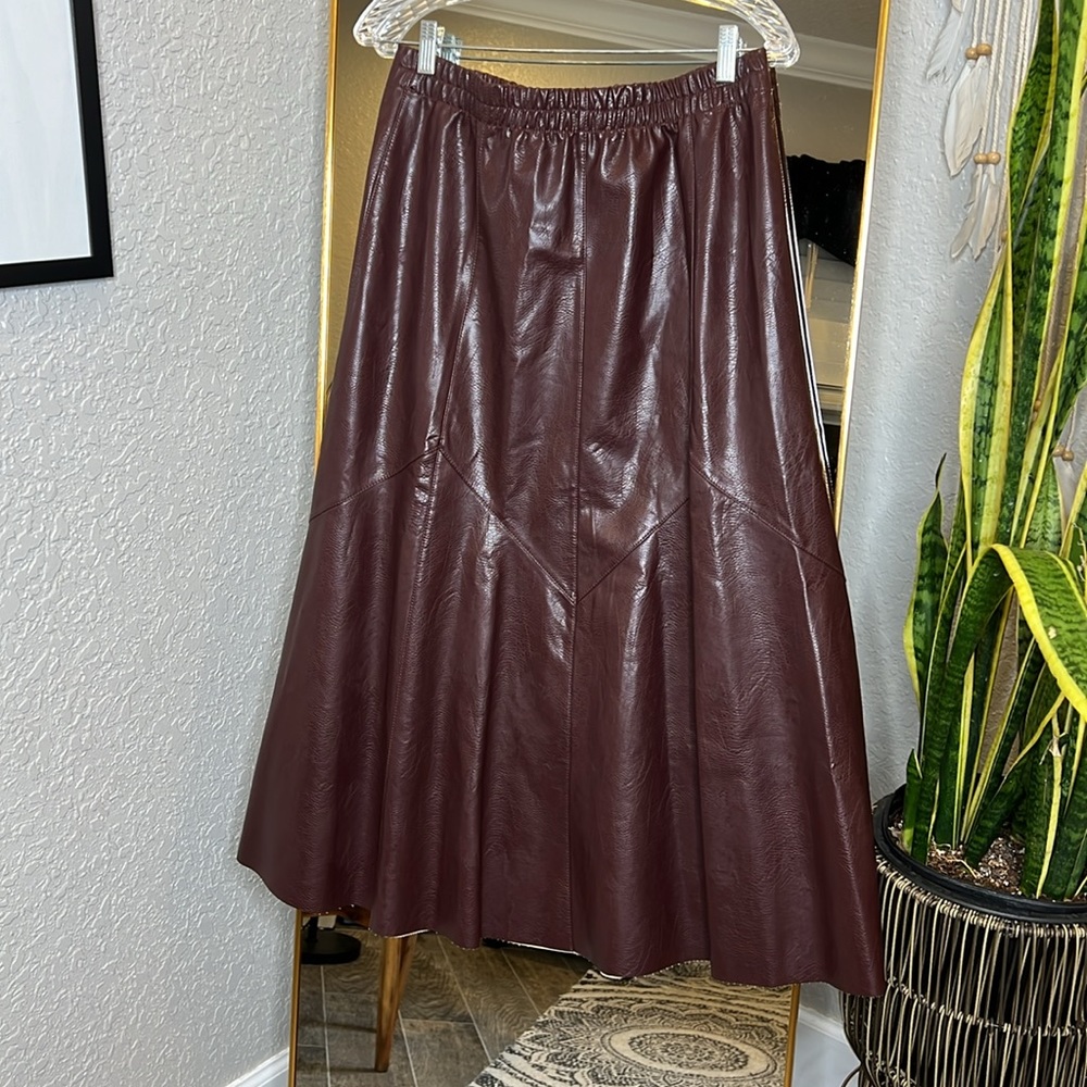 Vintage Merlot A-Line Leather Midi Skirt - Picture 6 of 7